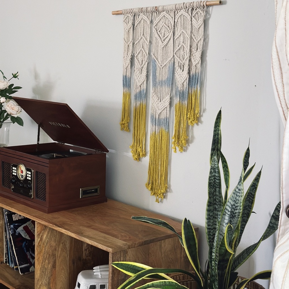 Boho Handmade Macrame art/Yellow, blue and Cream
